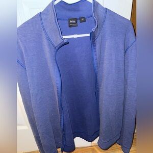 BOSS Hugo Boss Men's Blue Textured Full-Zip Mock Neck Cotton Blend Jacket Large